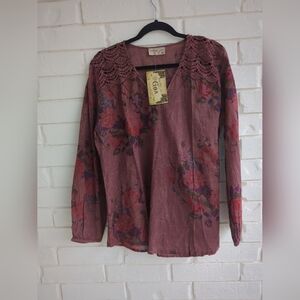 Vintage Goa Embroidered Floral Boho Peasant Top Blouse Wine 100% Cotton Xl